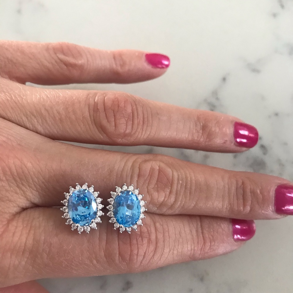 925 Sterling silver blue topaz earrings CZ oval plated 14k